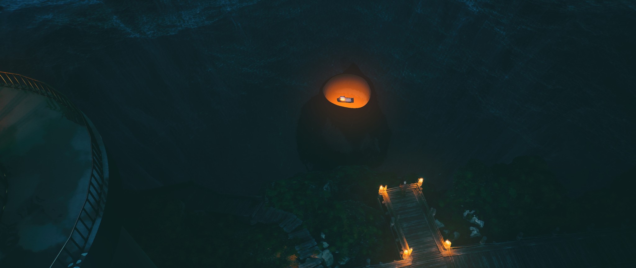 Chasm’s Call – dark cavern with wooden bridges and warm orange lights