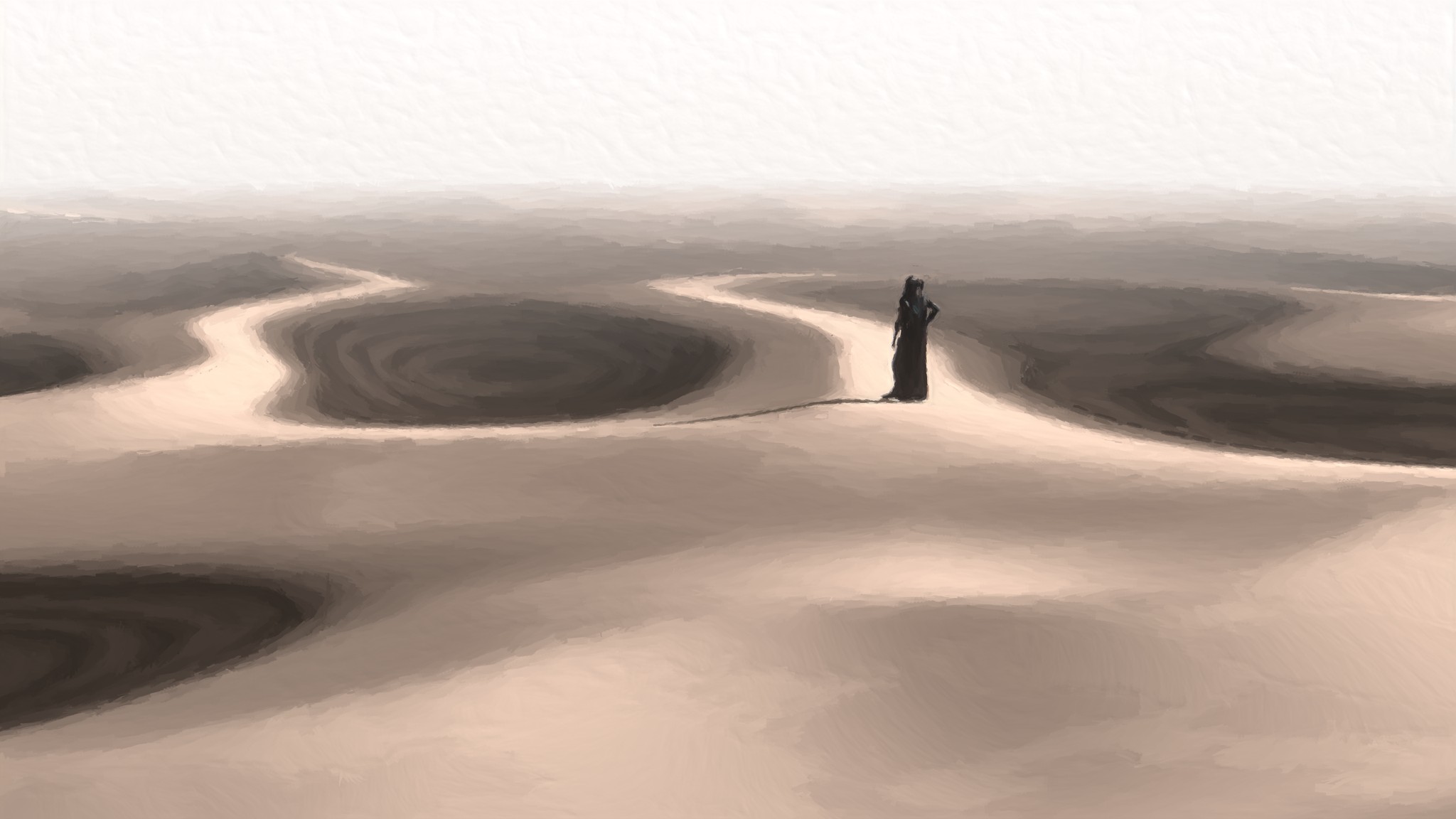 Solitary figure in a vast pale landscape with winding paths and dark depressions