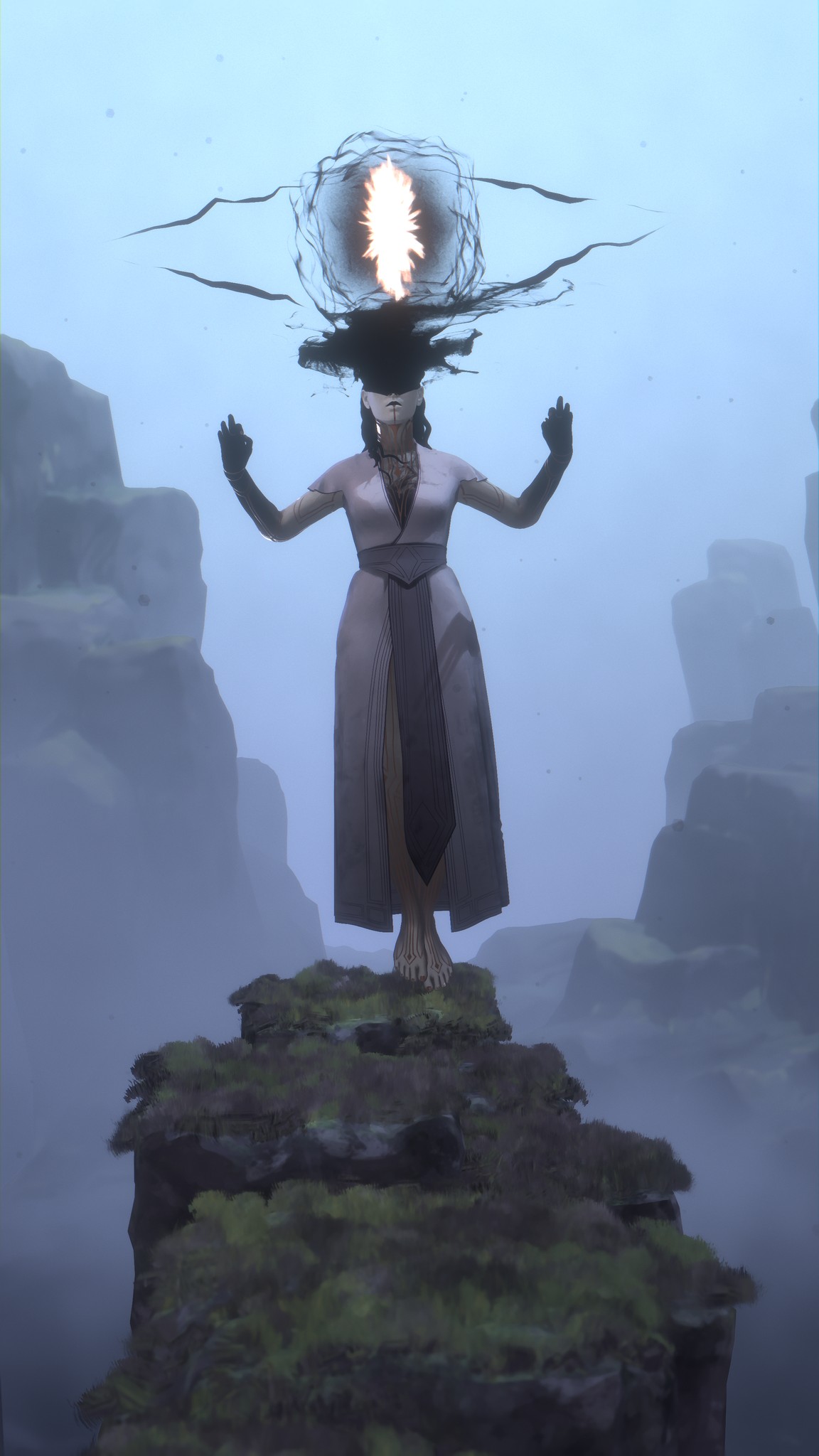 Gauntlet of Gods – hovering figure in a misty rocky landscape