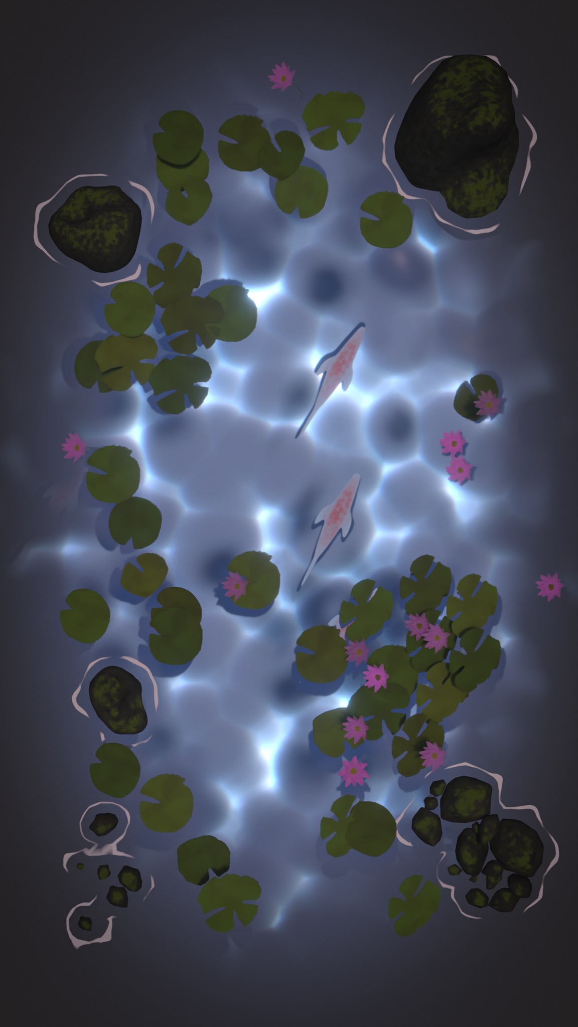 Stylized koi pond with water lilies, rocks and bright light patterns viewed from above