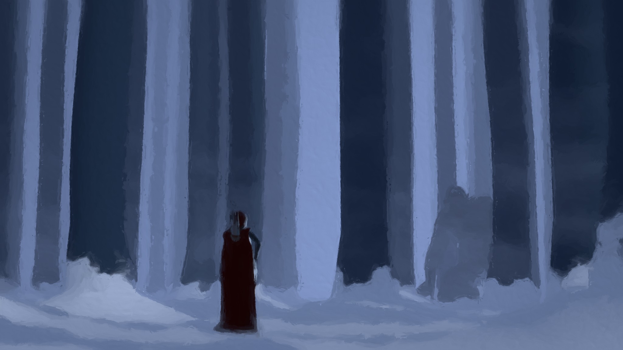 Small red figure among monumental blue vertical forms